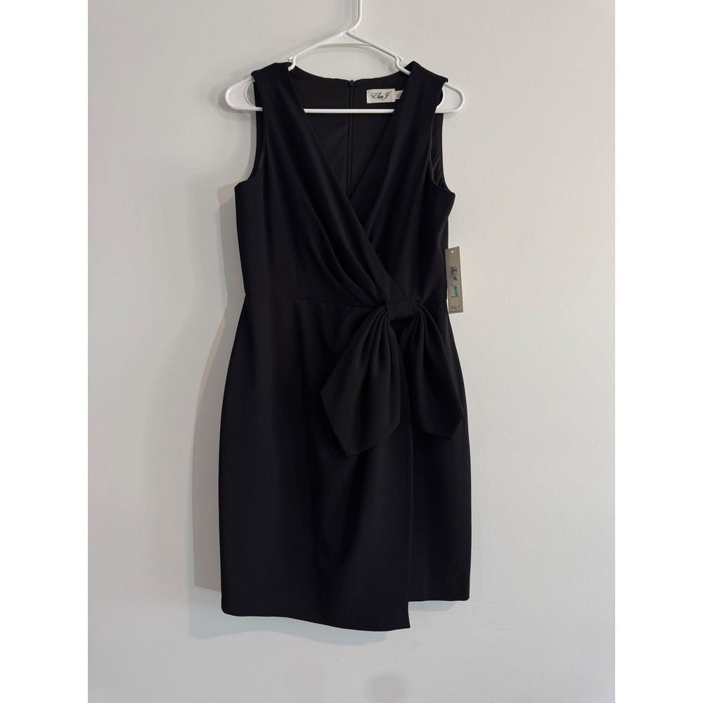 Elegant formal Eliza J Faux Wrap Sheath Dress Womens 8 Black Side Bow Detail‎